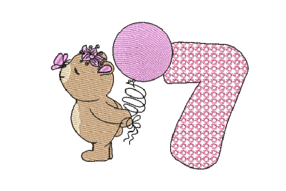 Number 7 Cute Teddy Embroidery Design
